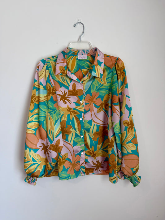 Pink Lily Floral Bell Sleeve Blouse