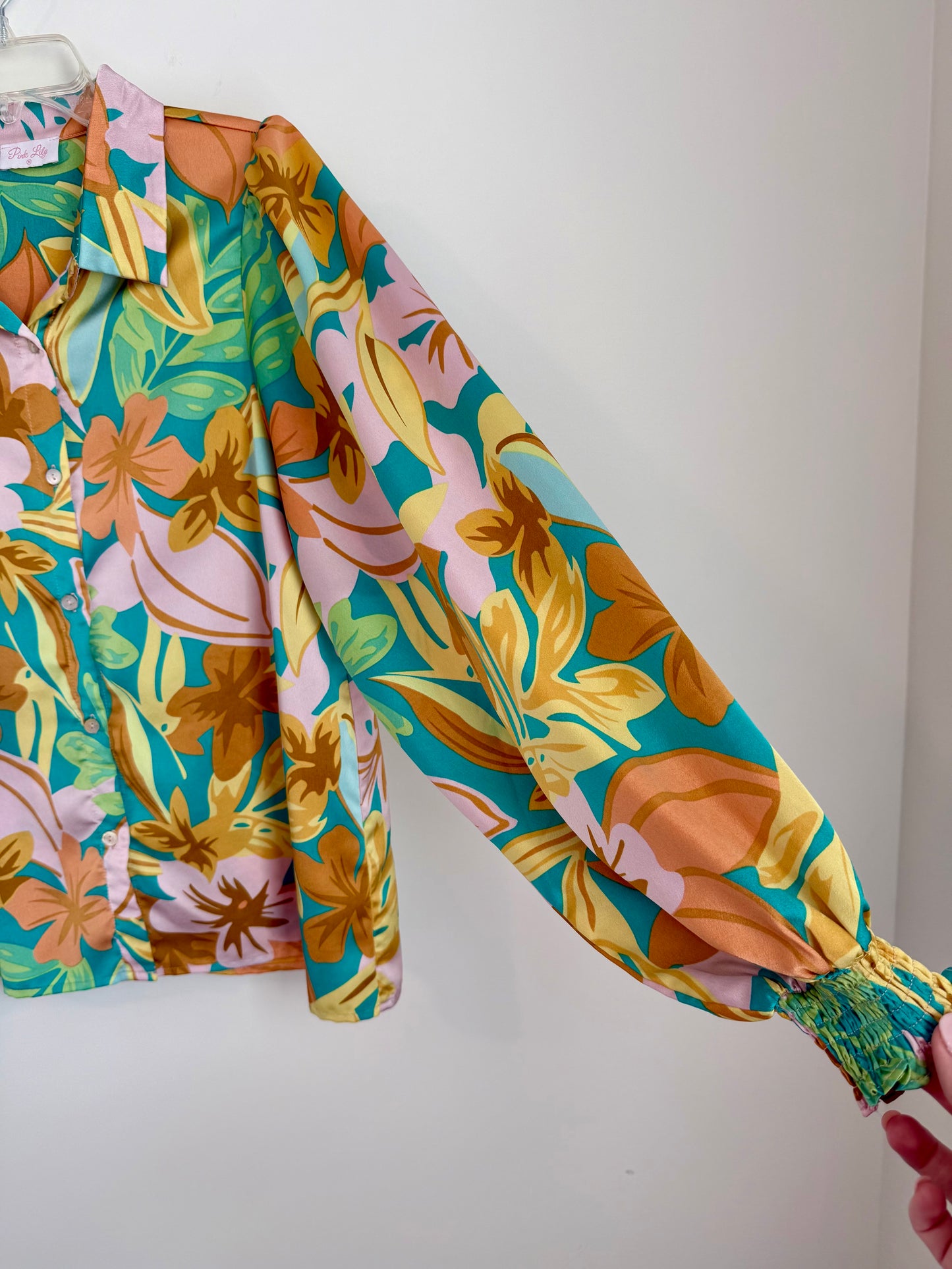 Pink Lily Floral Bell Sleeve Blouse